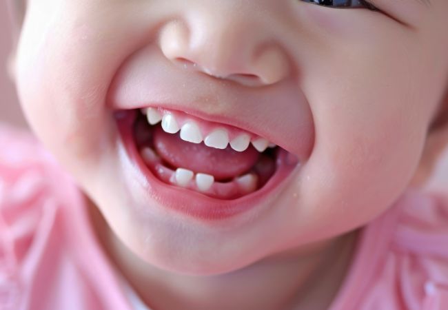 笑顔で歯をみせて笑う乳児の口元